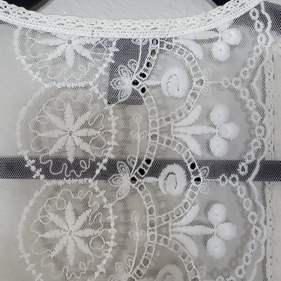 Y2K Rue21 Sheer Lace Open Kimono Size M White Ivory Boho Fringe Longline - Picture 8 of 13